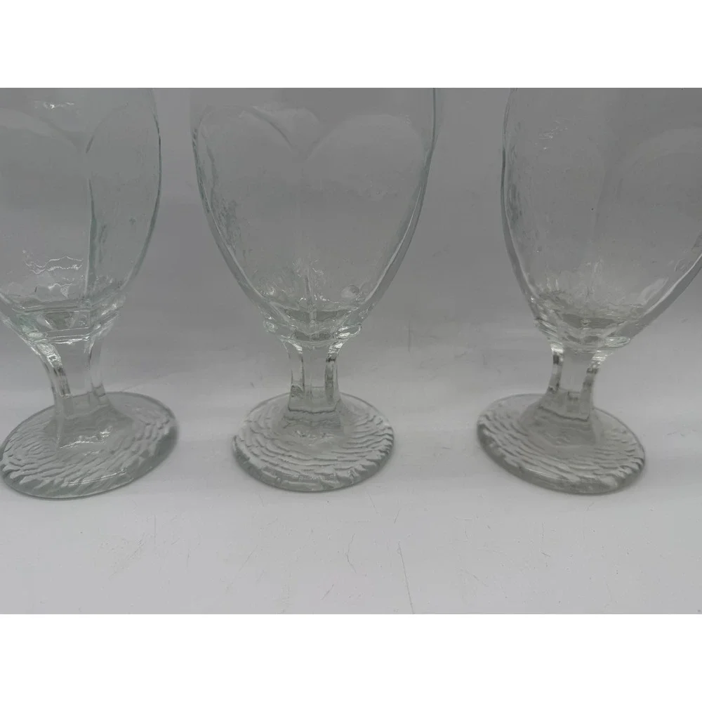 Vintage Clear Textured Glass Goblets Set of 3 Bark Base Paneled Water Wine 6.25
